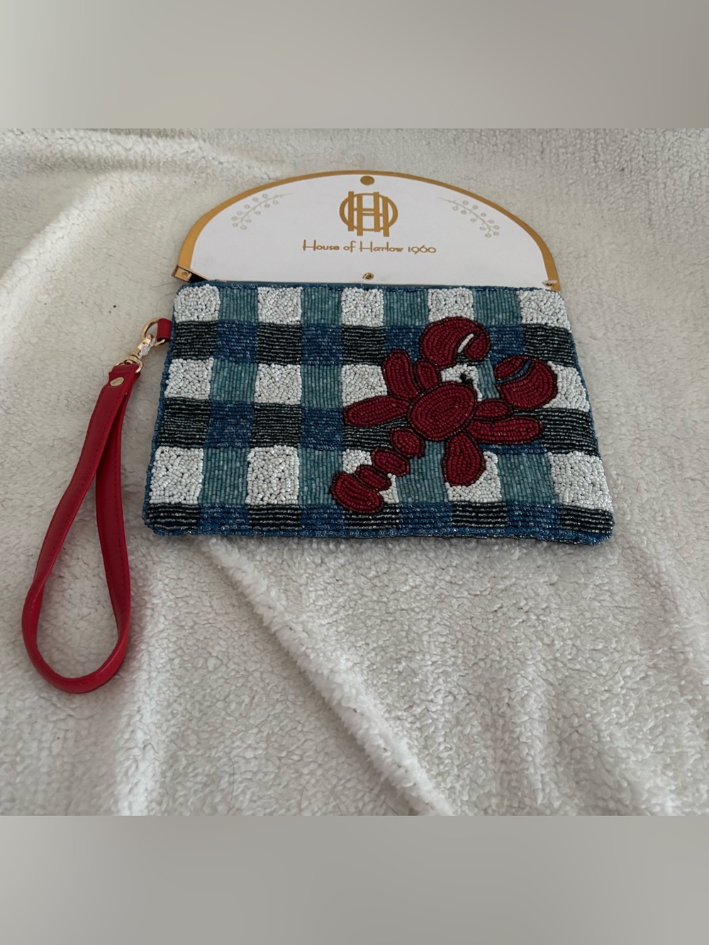 House of Harlow Beaded Plaid Wristlet - Red & Teal with Lobster